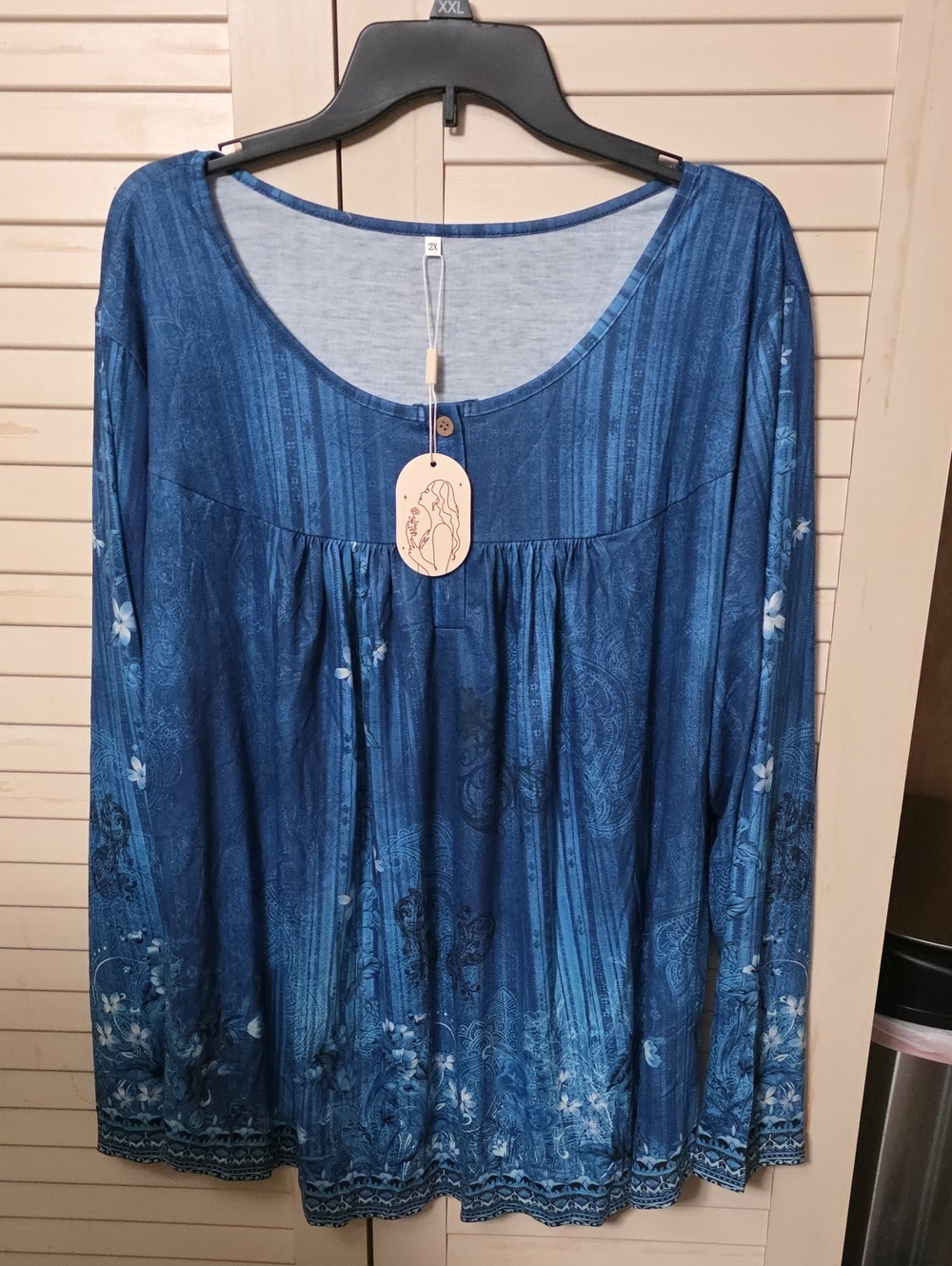 NWT Boho Blue Floral Border Print Henley Tunic Top XXL